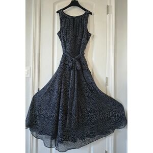 Stephanie Charles Navy Cream Polka Dot Sleeveless  Dress Lined Tie Waist Size 16